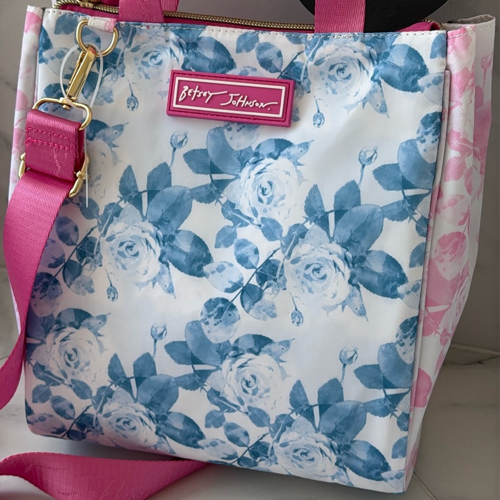 NEW Betsey Johnson floral blue pink tote lunch bag - Picture 5 of 11